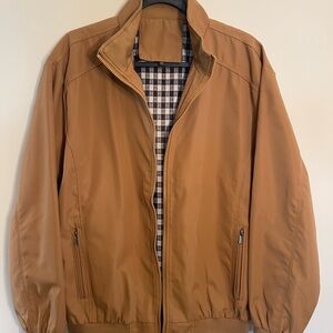 Camel Lightweight Bomber Jacket with Stand-Up Collar and Gingham Lining